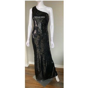 ABS Allen Schwartz One Strap Black Sequin Evening Gown